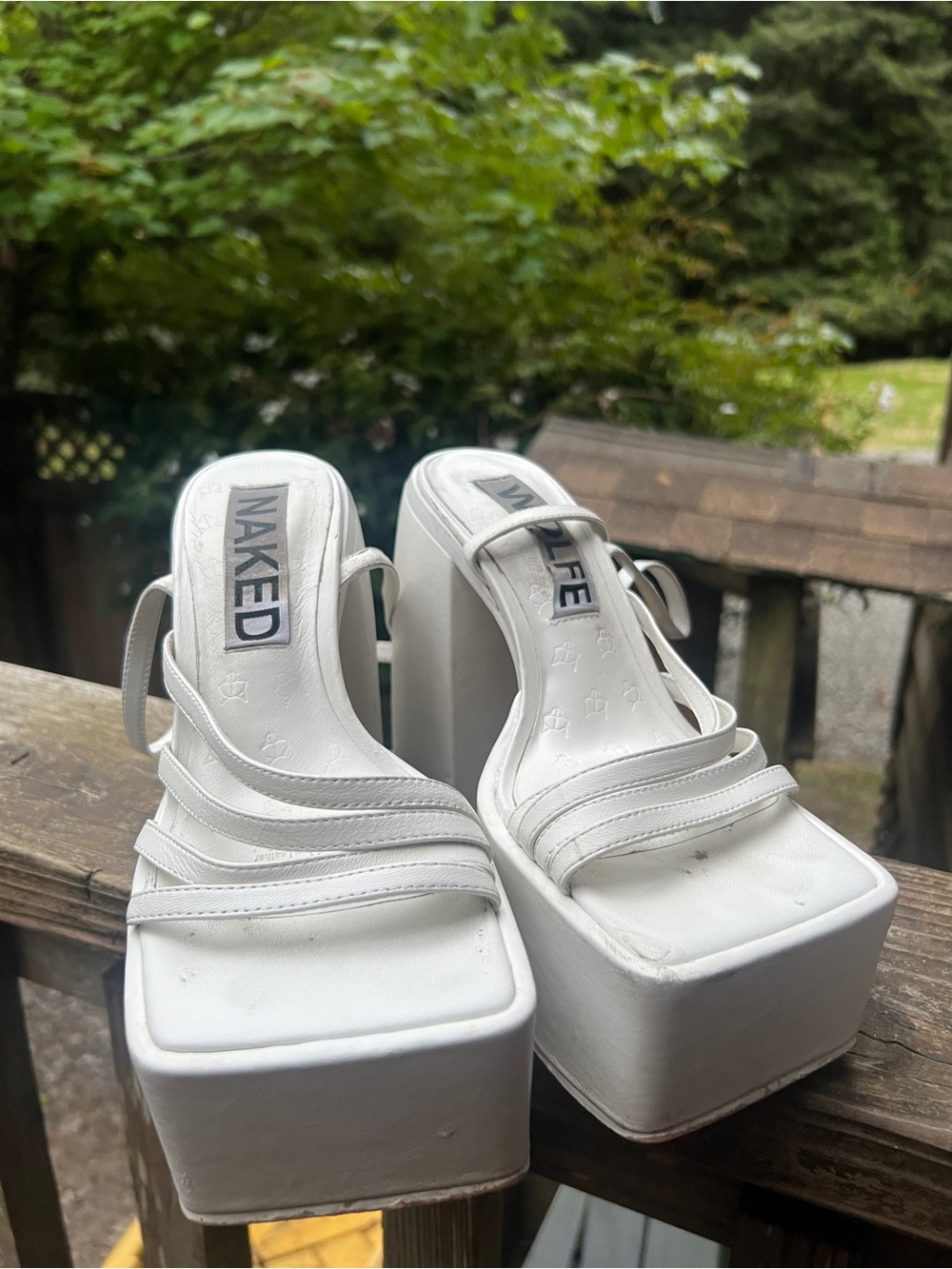 NAKED WOLFE Genuine Leather White Ivory Strappy Platform Chunky Sandals Heels - Picture 9 of 12